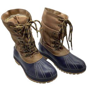 London Fog Women Duck Boots Size 6 MITTEN Lined Winter Brown Navy Roll Down